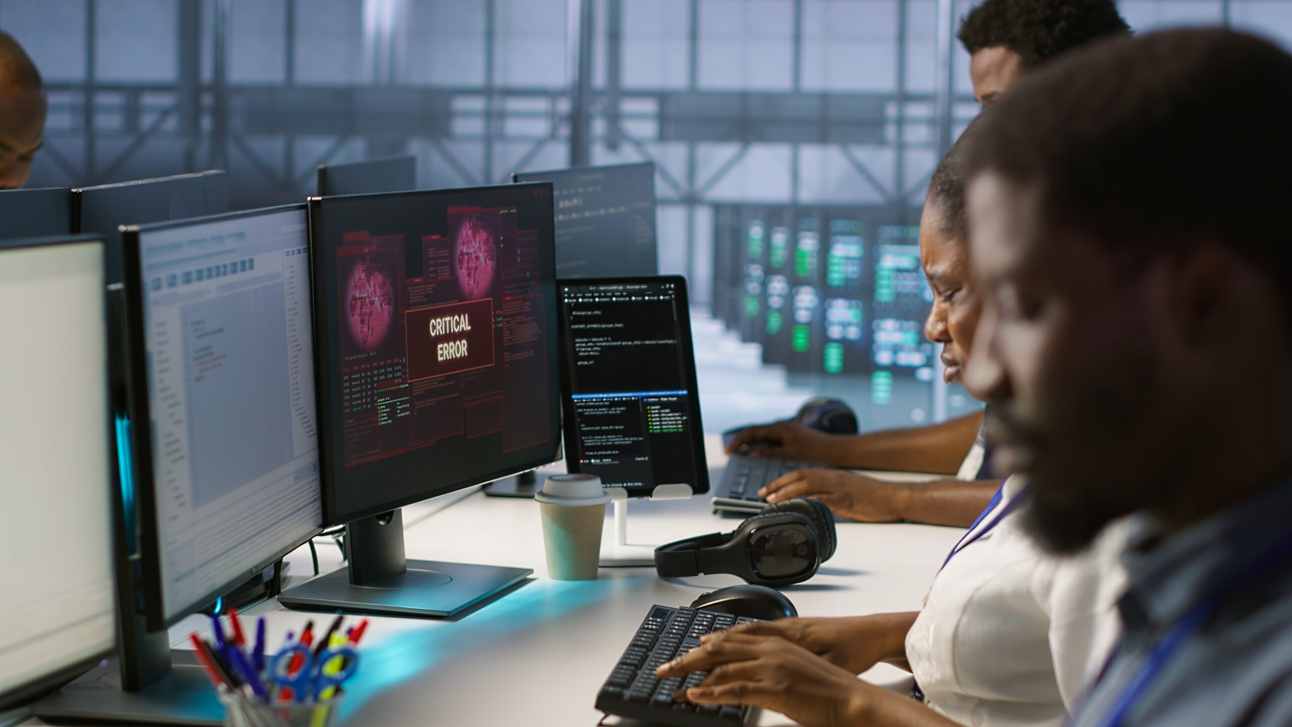 IT staff members seeing critical error popup on PC screen in data center, requesting help from cybersecurity team. Server hub coworkers struggling to eliminate cyberattacks affecting network, camera A